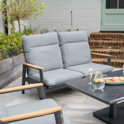 Parker 2 Seater Aluminium Rope Reclining Lounge Dining Set with 2 Armchairs - Adjustable Rising Table in Graphite Grey