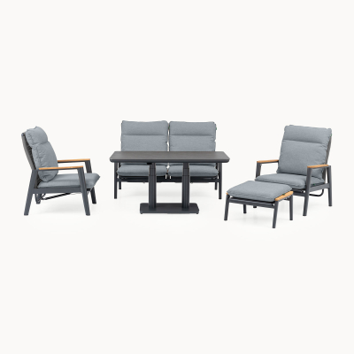 Parker 2 Seater Aluminium Rope Reclining Lounge Dining Set with 2 Armchairs - Adjustable Rising Table in Graphite Grey