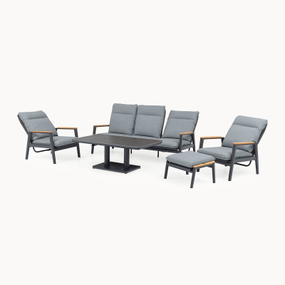 Parker 3 Seater Aluminium Rope Reclining Lounge Dining Set with 2 Armchairs - Adjustable Rising Table in Graphite Grey