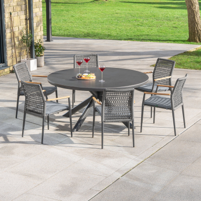 Parker 6 Seat Aluminium Rope Dining Set - Round Table in Graphite Grey