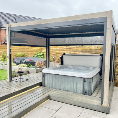 Legacy Aluminium Metal Pergola in Light Oak Look - 4.0m x 3.6m Free Standing