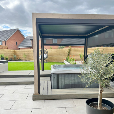 Legacy Aluminium Metal Pergola in Light Oak Look - 4.0m x 3.6m Free Standing