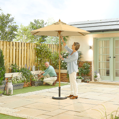 Dominica 2.0m Round Wooden Traditional Parasol - Beige Canopy