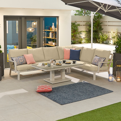 Vogue L-Shaped Corner Aluminium Lounge Dining Set - Adjustable Rising Table in Pebble