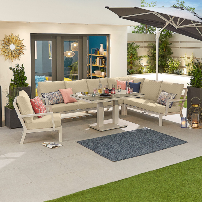 Vogue L-Shaped Corner Aluminium Lounge Dining Set with Armchair - Adjustable Rising Table in Pebble