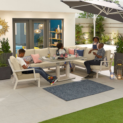 Vogue L-Shaped Corner Aluminium Lounge Dining Set with Armchair - Adjustable Rising Table in Pebble