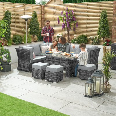Cambridge L-Shaped Corner Reclining Arms Rattan Lounge Dining Set with 3 Stools - Left Handed Rising Table in Grey Rattan