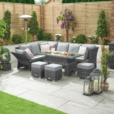 Cambridge L-Shaped Corner Reclining Arms Rattan Lounge Dining Set with 3 Stools - Left Handed Rising Table in Grey Rattan