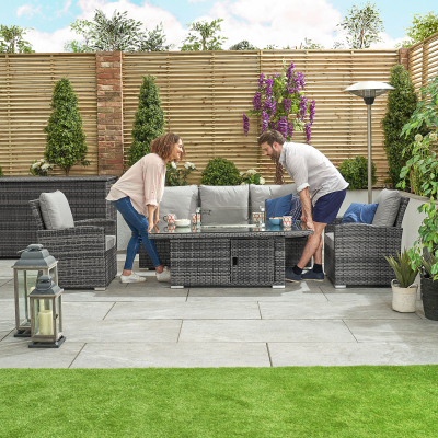 Cambridge 3 Seater Rattan Lounge Dining Set with 2 Armchairs - Rising Gas Fire Pit Table in Grey Rattan