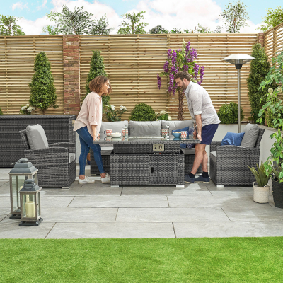 Cambridge 3 Seater Rattan Lounge Dining Set with 2 Armchairs - Rising Gas Fire Pit Table in Grey Rattan