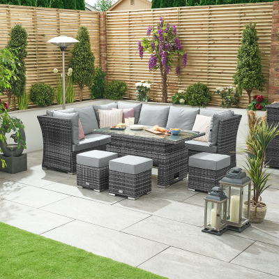 Cambridge L-Shaped Corner Reclining Arms Rattan Lounge Dining Set with 3 Stools - Left Handed Rising Table in Grey Rattan