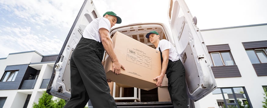 Two delivery men carrying a cardboard box out the back of a white van.