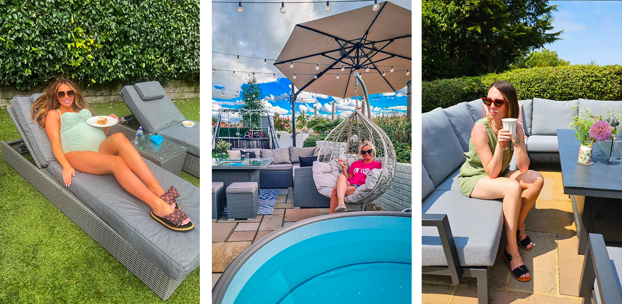 A collection of three influencer photos. One lying on a sun lounger, one sitting in an egg chair, and one enjoying coffee on a corner sofa.