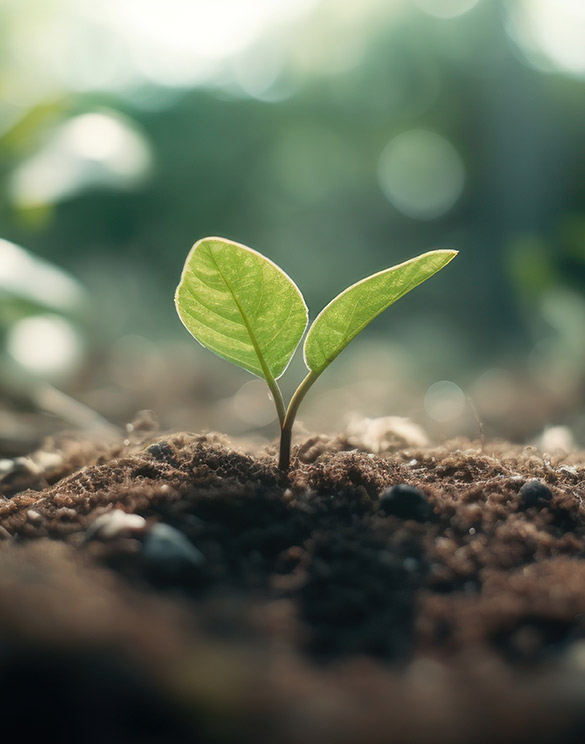 Close up of a green plant with two leaves poking out from soil.